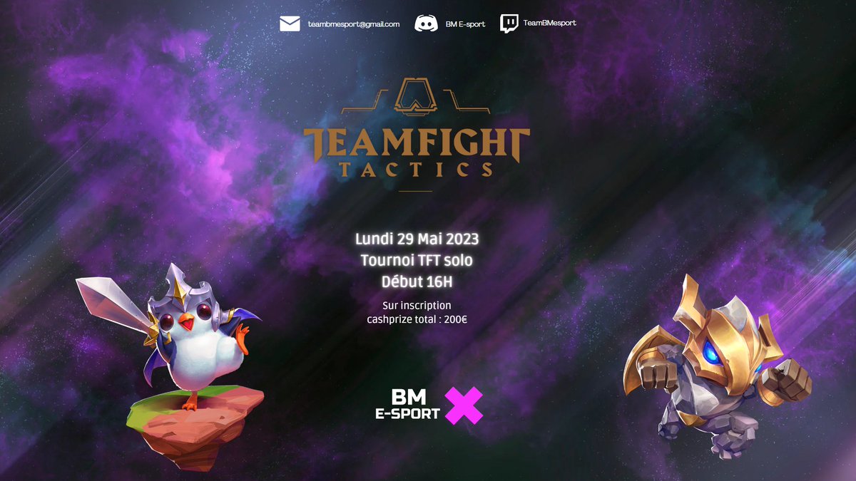 Guess who is back 👀 , le tournoi TFT !  
Quand ? Le lundi 29 mai à 16h 
Combien ? 200€. Le top 4 va s'en mettre pleins les poches !!!  Pour s'inscrire c'est par ici : bmesport.fr/d-tails-et-ins…