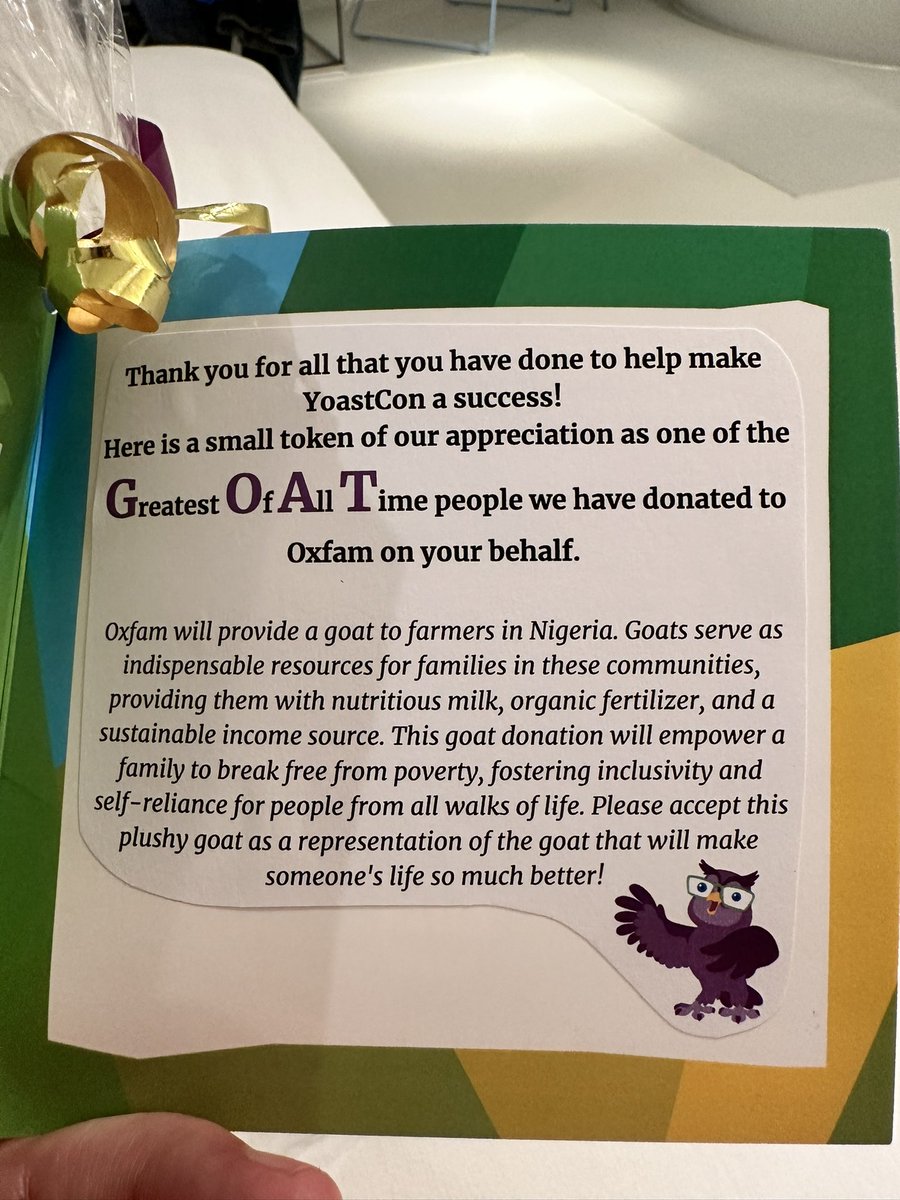 The <a href="/YoastCon/">YoastCon</a> team gave a goat to every speaker- we got a goat donated in our name to a farmer in Nigeria… such an awesome thing to do #yoastcon
