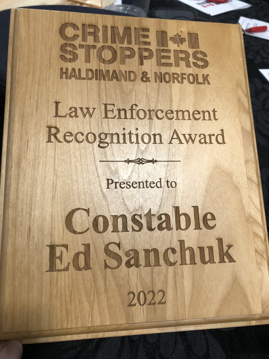 Congratulations to Provincial Constable Ed Sanchuk, who was just presented with the <a href="/hncrimestoppers/">H-N CrimeStoppers</a> 2022 Law Enforcement Recognition Award!  It's a well-deserved honour for Ed and for #NorfolkOPP.  ^dr
