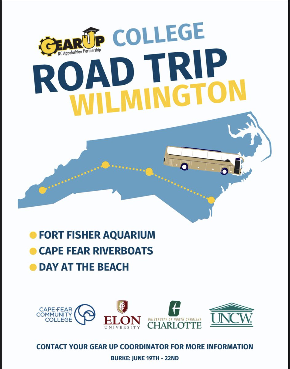 Hey BCPS rising 9th and 10th graders! Want a free trip to some of North Carolina’s most reputable 4 year Universities &amp; some awesome interactive pit stops like Morehead Planetarium and Ft. Fisher Aquarium? Check your email to register or see your GEAR UP Coordinator for details!