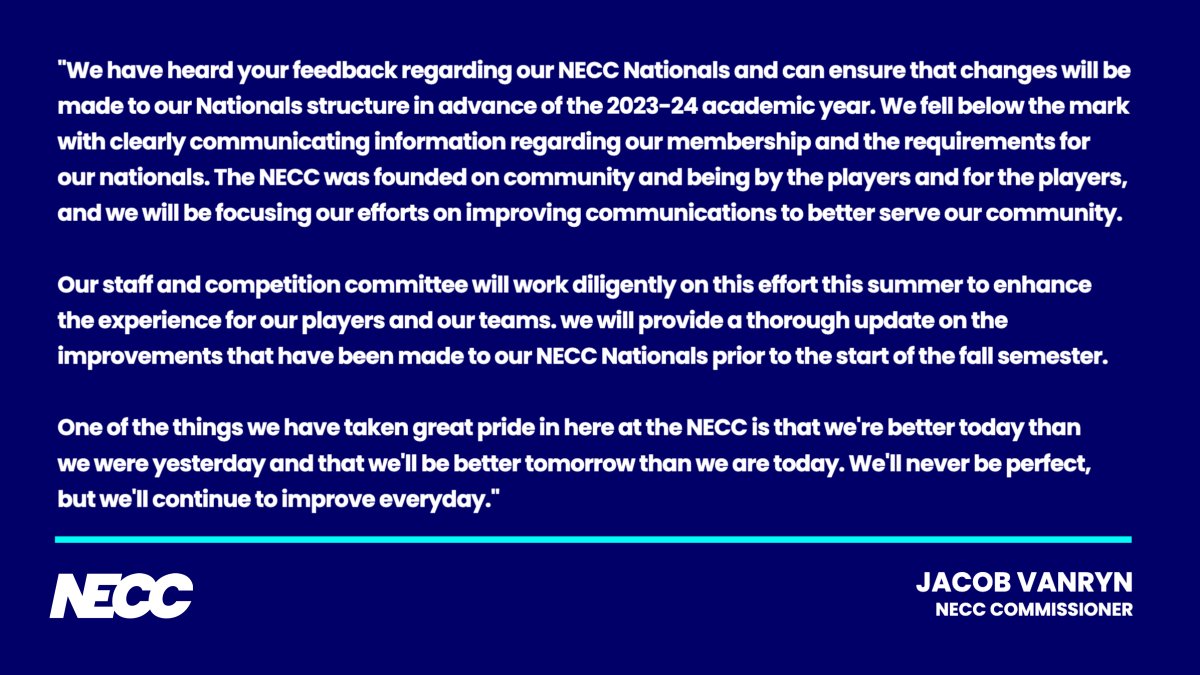 𝐍𝐄𝐂𝐂 𝐍𝐀𝐓𝐈𝐎𝐍𝐀𝐋𝐒 𝐒𝐓𝐀𝐓𝐄𝐌𝐄𝐍𝐓

We wanted to share the following statement regarding our NECC Nationals 

Thank you for your continued support. We truly appreciate it and we'll be better going forward ❤️