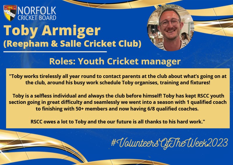 NorfolkCricket's tweet photo. 📢 Volunteers of the Week

Congratulations to Toby Armiger (Reepham &amp; Salle CC) and Chris Shellock (Dereham CC) who are the NCB Volunteers of the Week 👏

Each winner will receive a £25 Amazon Voucher! 

Nominate a Volunteer Today - https://t.co/JDsnv0zPdp  

#VolunteersOfTheWeek https://t.co/NTSsWTdgJI