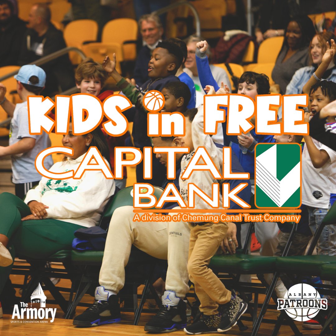 PatroonsAlbany's tweet photo. Enjoy family fun at a Patroons game! Thanks to Capital Bank, kids 12 and under are free! Kids in Free tickets available exclusively at the Washington Avenue Armory Box Office. #capitalbank #kidsinfree #pastroonsbasketball #wszn #upstateny #albany https://t.co/uC8rpnfCBQ
