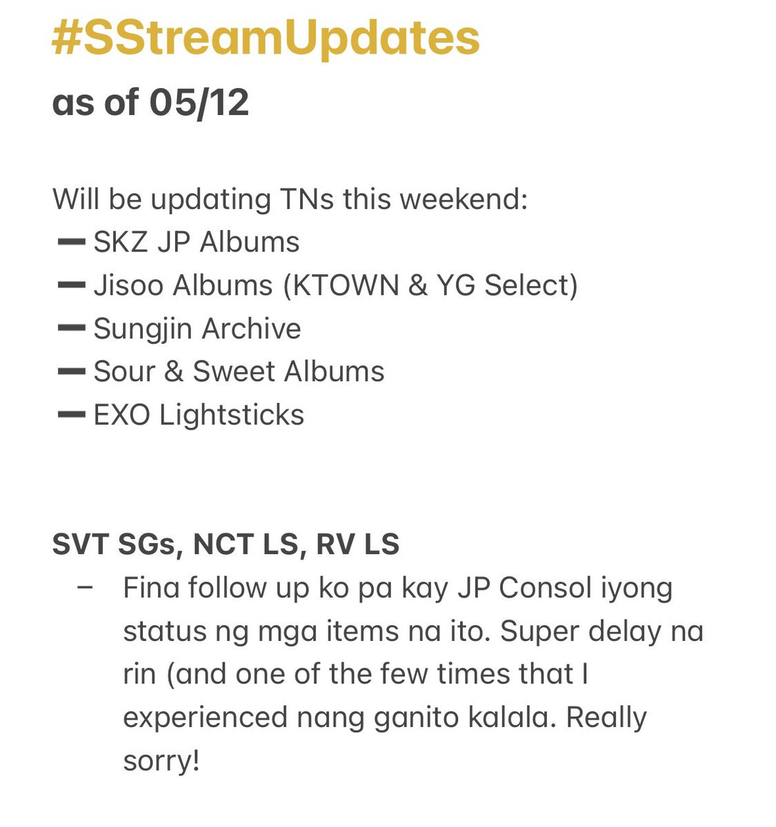SeoulStream's tweet photo. #SStreamUpdates
✅Items For Shipping
✅In Transit
✅Arrived in KR/JP Address
✅Waiting for arrival in KR/JP Add
Status of Pending GOs as of May 12
➖If I missed out any updates, please send me a DM! https://t.co/NsM6Jw1vxv