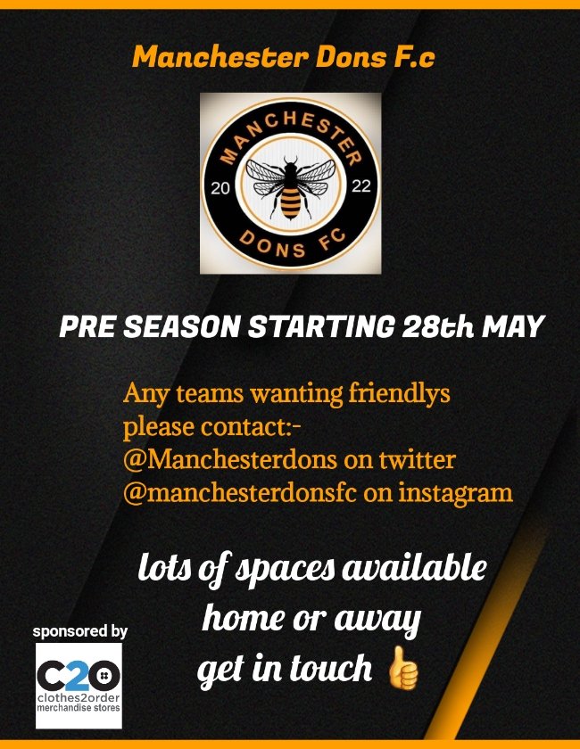 ManchesterDons's tweet image. Pre Season is close
If any teams want to book in a game just send us a message
Can play at home (until posts go down)
Or away

Dm for more details 👍
