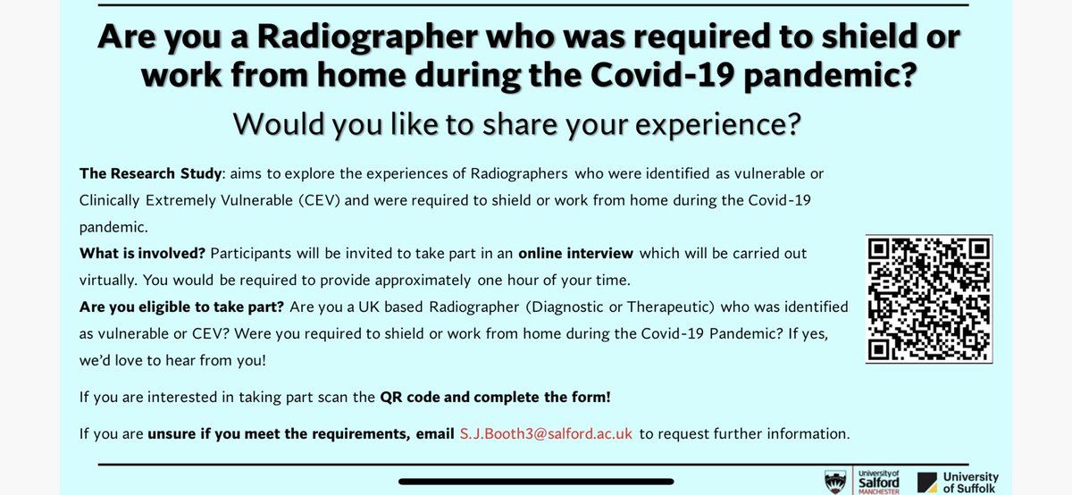 Sjblagu2's tweet photo. Attention Everyone!! Are you a UK based Radiographer who had to shield at home during the covid-19 pandemic? If so, we’d love to hear from you! #radexperiences #shielders #COVID19 https://t.co/NryIKFR8t9