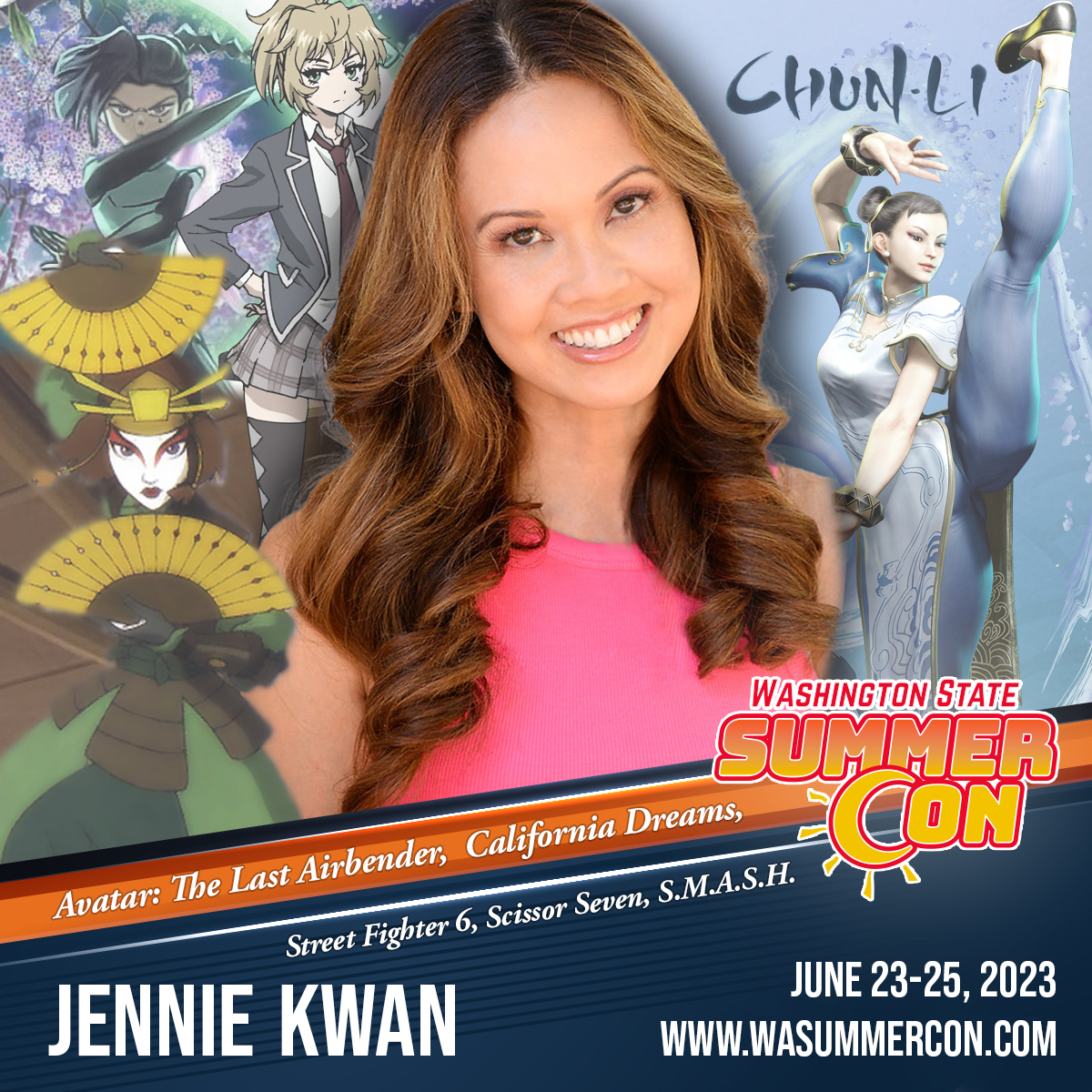 We had to add one final cast member for this year from Avatar: The Last Airbender to the Washington State Summer Con lineup from June 23rd through the 25th  Please welcome Jennie Kwan to Puyallup this summer because Suki is awesome, AND Jennie is also the voice of Chun-Li in the