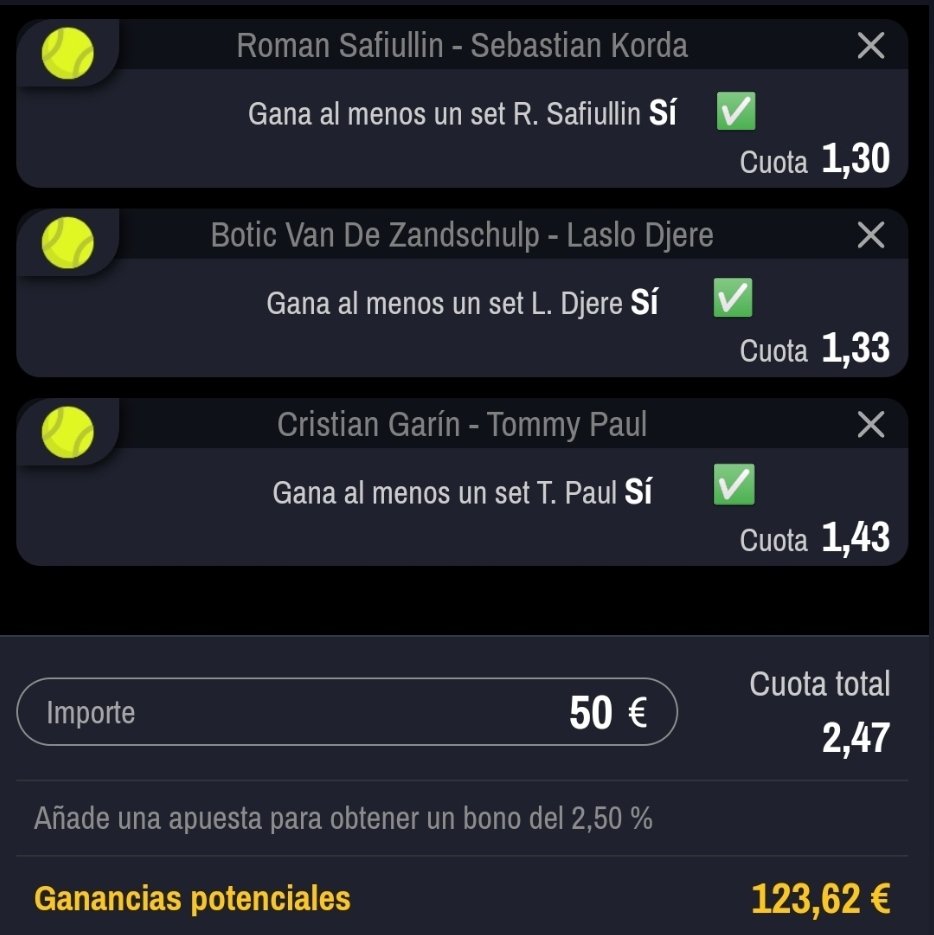 ✅✅✅✅✅✅✅✅✅✅
¡Y SONÓ CHOFF! 🤑

+73€💵

Menudo APUESTÓN nos sacamos de la manga y con este ya llevamos 3/3 en este ATP ROMA🇮🇹

No me llaman Baltasar porque no tengo barba porque los regalos los doy igual 🎁😝