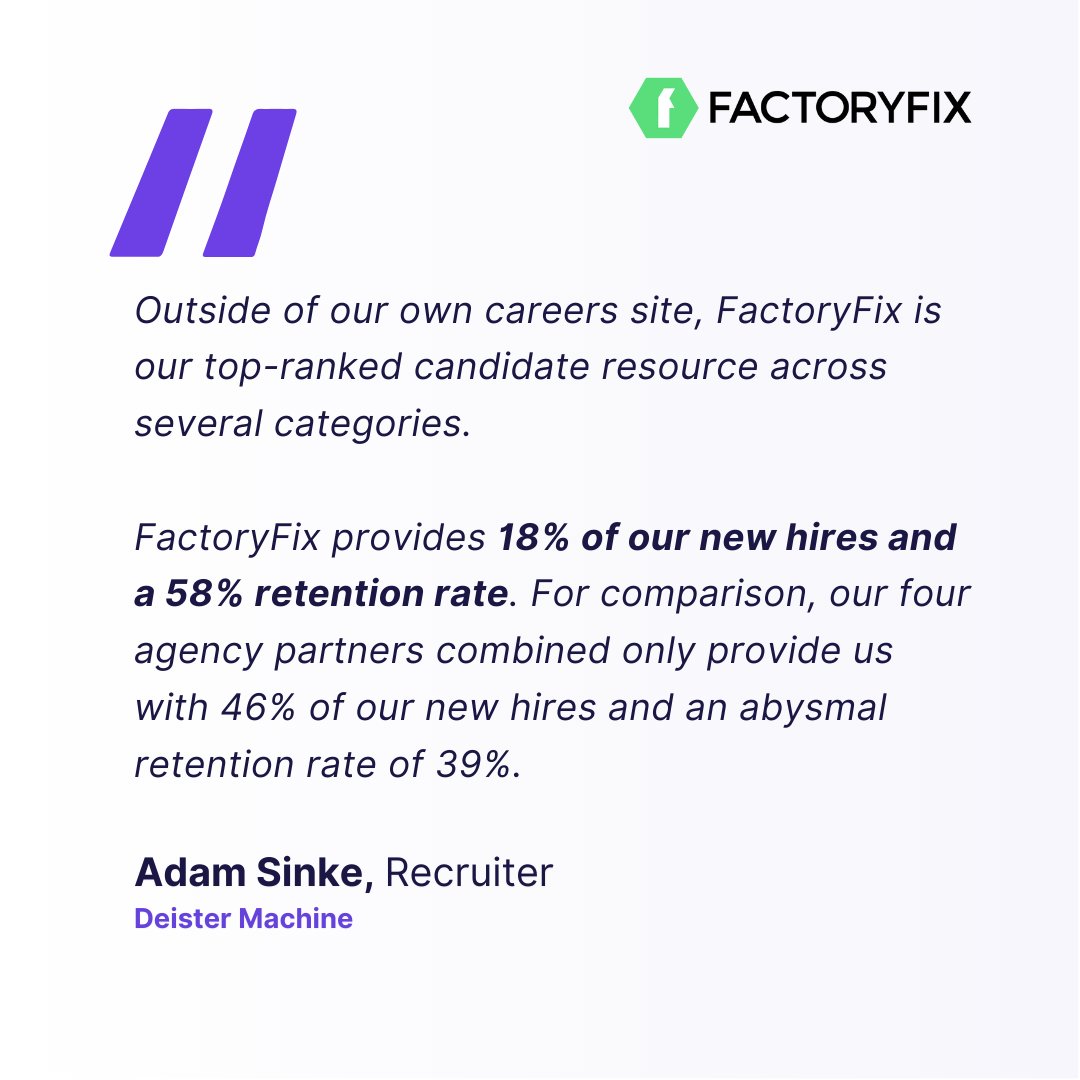 Deister Machine boosted its hiring success thanks to FactoryFix's talent network of over 700K manufacturing pros. Join the recruiting revolution – start your free trial today! bit.ly/3Z2etNq

#factoryfix #manufacturingindustry #talentacquisition #recruitingtips