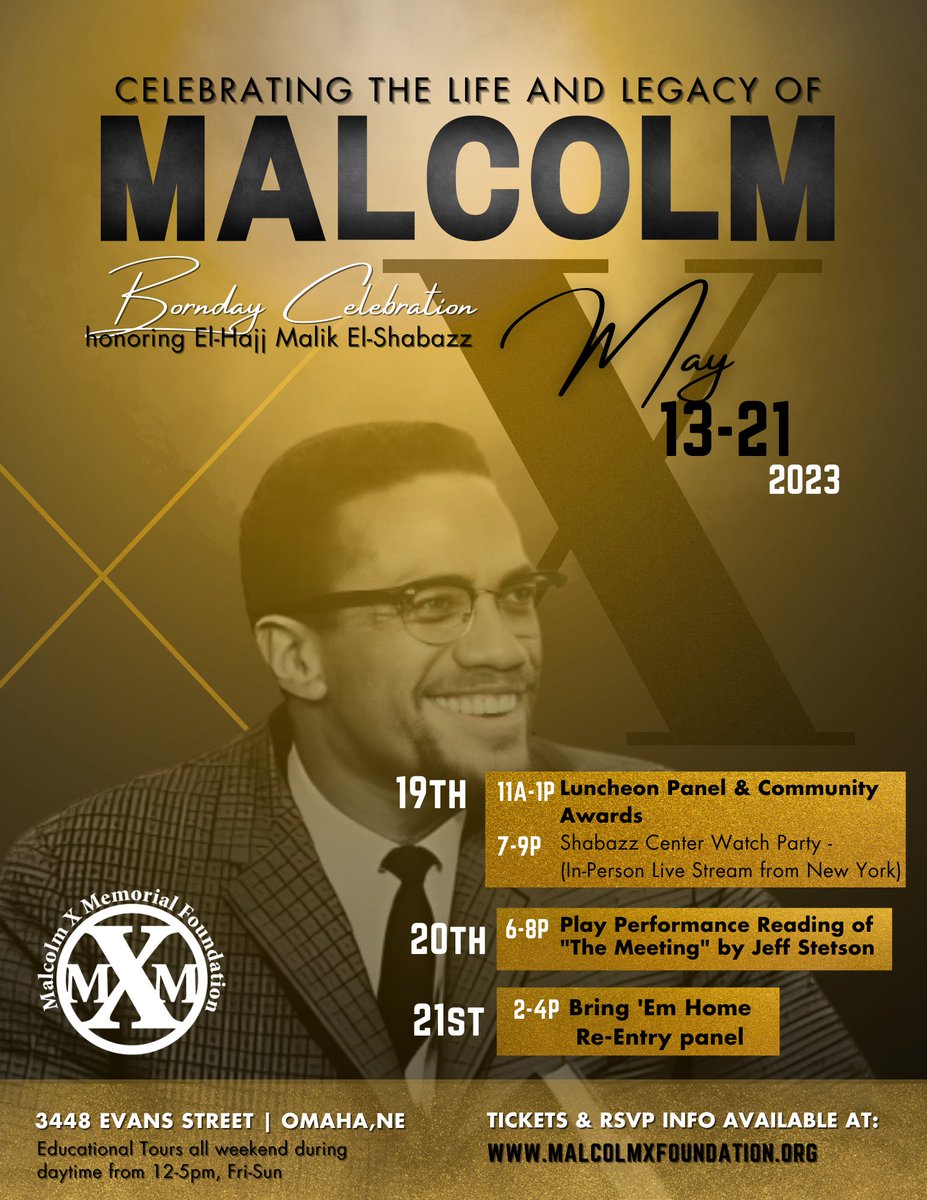 Just one week away is #MalcolmXDay in the birthplace of Malcolm X!! Will you be joining us for any of the 3 events?
malcolmxfoundation.ticketleap.com/2023-mx-birthd…