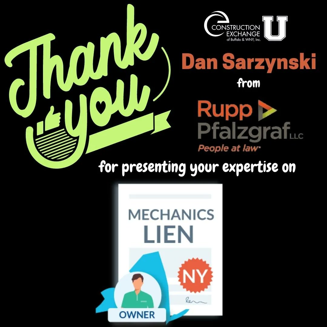 Thank you Dan Sarzynski from Rupp Pfalzgraf LLC for presenting @ ConEx U today on Mechanic's Liens! Only 1 class left in the 2022-23 Term!! 5.23.23="Top 10 Contract Terms" register here buff.ly/3M0q6Ql