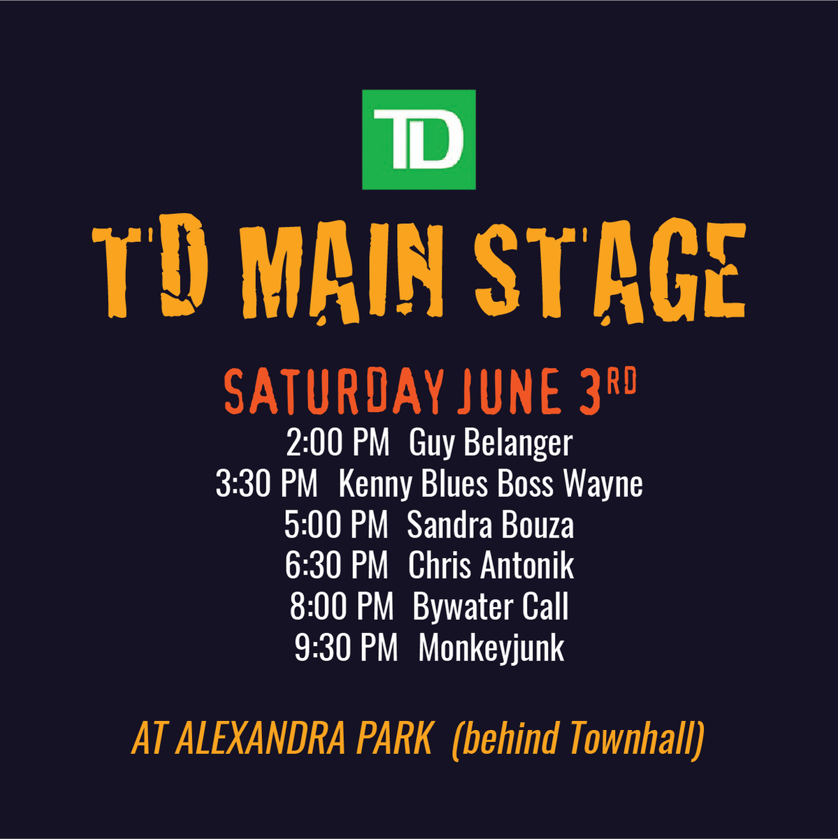 TD Main Stage features top talent performing all weekend long. 🎵

The TD Main Stage events will start at 2PM with Guy Belanger from Quebec; followed by Kenny Blues Boss Wayne; Sandra Bouza; Chris Antonik; Bywater Call; and MonkeyJunk.

#Orangeville #OBJF #Jazz #Blues #LiveMusic