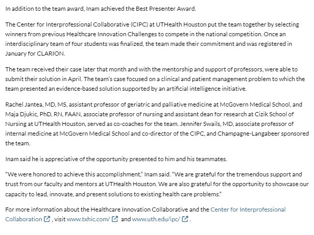 Great job to @RachelJanteaMD and her team!! National case competition win is a big deal - woohoo! @UTGeripal 

inside.uth.edu/inside/story.h…