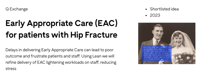 📢Good news alert! 😀Well done @emmasuttPhysio and team - shortlisted for #QExchange funding for an extremely worthy project to improve care and reduce delays for people with a hip fracture. Check out their idea on the QExchange website. @teresamelody1 @RuthPearce18 #IND2023