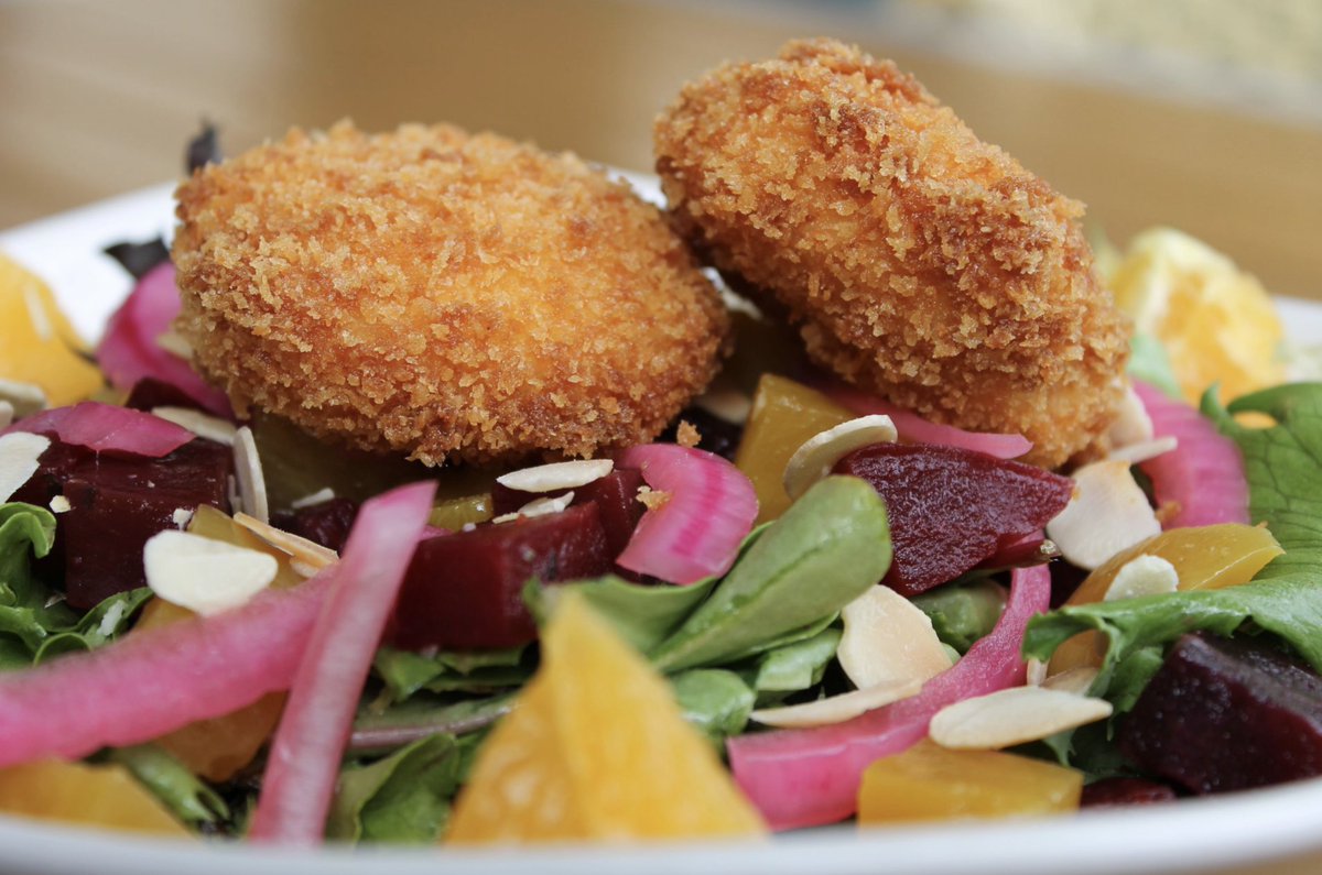 Overcast Fridays call for Panko fried goat cheese. 
Roasted beet salad... field greens, red & golden beets, pickled red onions, Panko fried goat cheese, almonds, oranges, orange mint dressing. #springtime #panko #friedgoatcheese #tgif #mycucina #oakpark #oakparkil