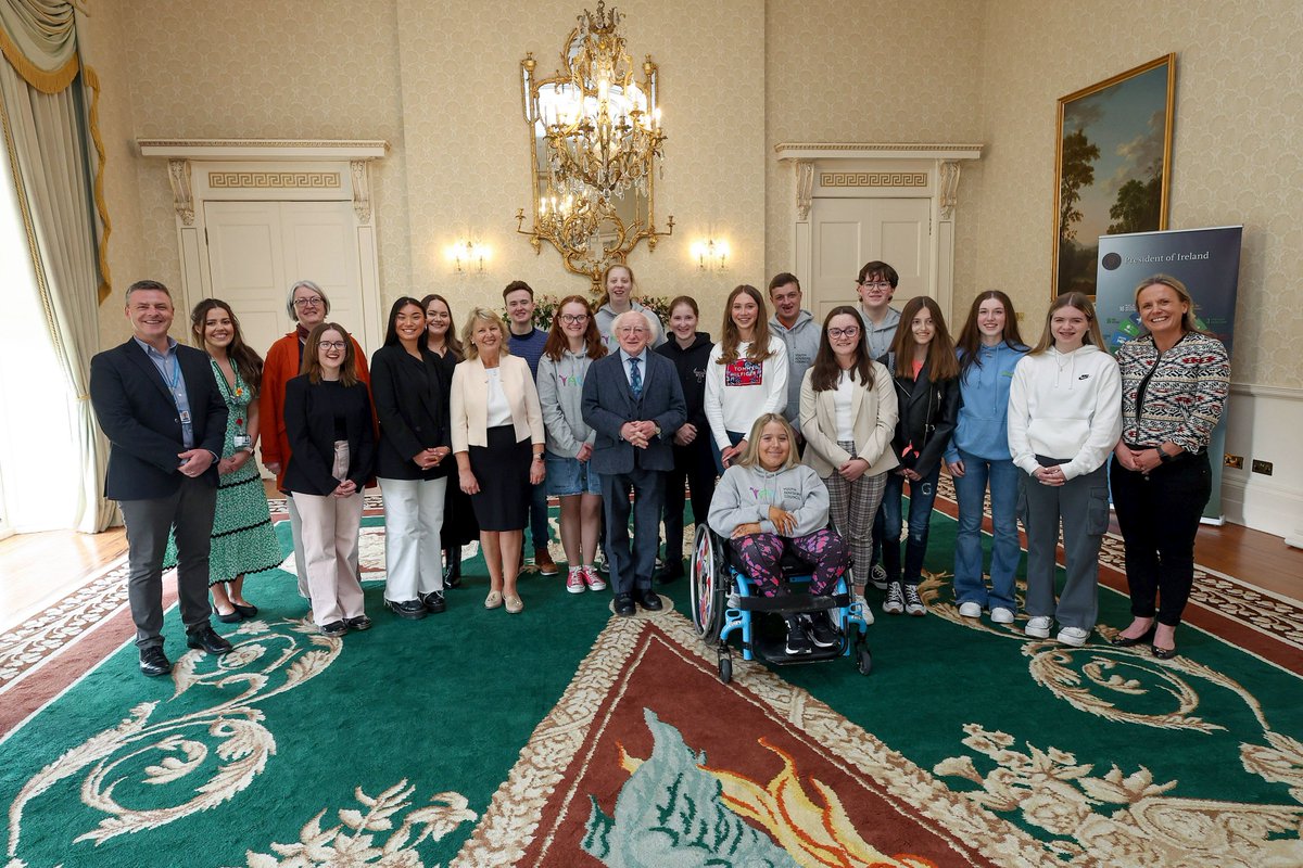 PresidentIRL's tweet photo. President Higgins today welcomed members of the Youth Advisory Council of Children's Health Ireland to Áras an Uachtaráin. The young people, who have all been patients themselves, are using their experience to provide advice for improving the care of children in our hospitals https://t.co/q7IOMXJWDD