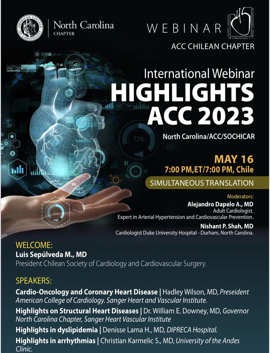 Tuesday May 16th 19:00
Webinar @ACCNCChapter @Sochicaroficial  Highlights #ACC23 @HadleyWilsonMD @ACCinTouch 
Looking forward to a great discussion 
NCACC-Sochicar Exchange Program 
us06web.zoom.us/webinar/regist…