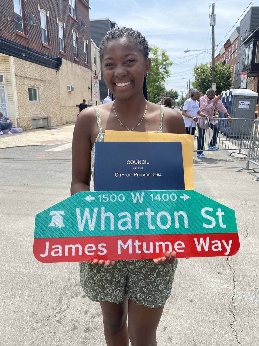 CosmoBaker's tweet photo. What a wonder day and a blessing for South Philly and the entire world. James Mtume Way is officially official! https://t.co/TO66OY1AX0