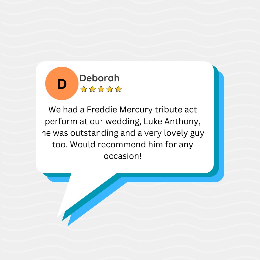 Another lovely 5 star review left for our Freddie Mercury tribute act, Luke Antony after performing at Deborah's wedding!

Check out Luke Antony here: bit.ly/3VSIuiE