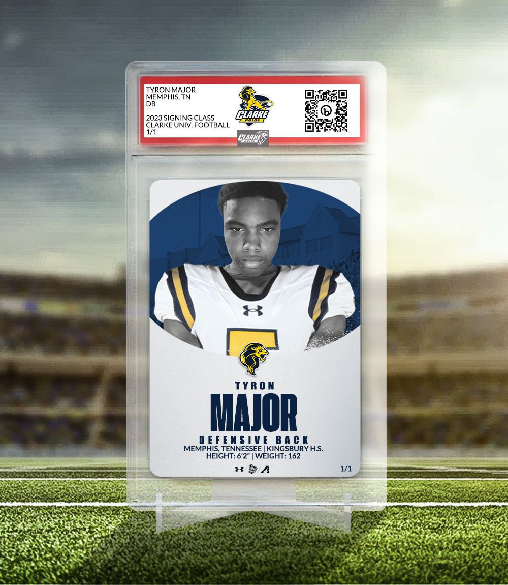 Tyron Major
Defensive Back | 6-2 | 162
Memphis, Tenn. | Kingsbury HS

Coach Hicks: "A long, speedy defensive back that will add depth to the defensive back and special team rooms. Tyron will be joining his teammate, Muhammed Sowe in Dubuque this fall."

#ClarkePride