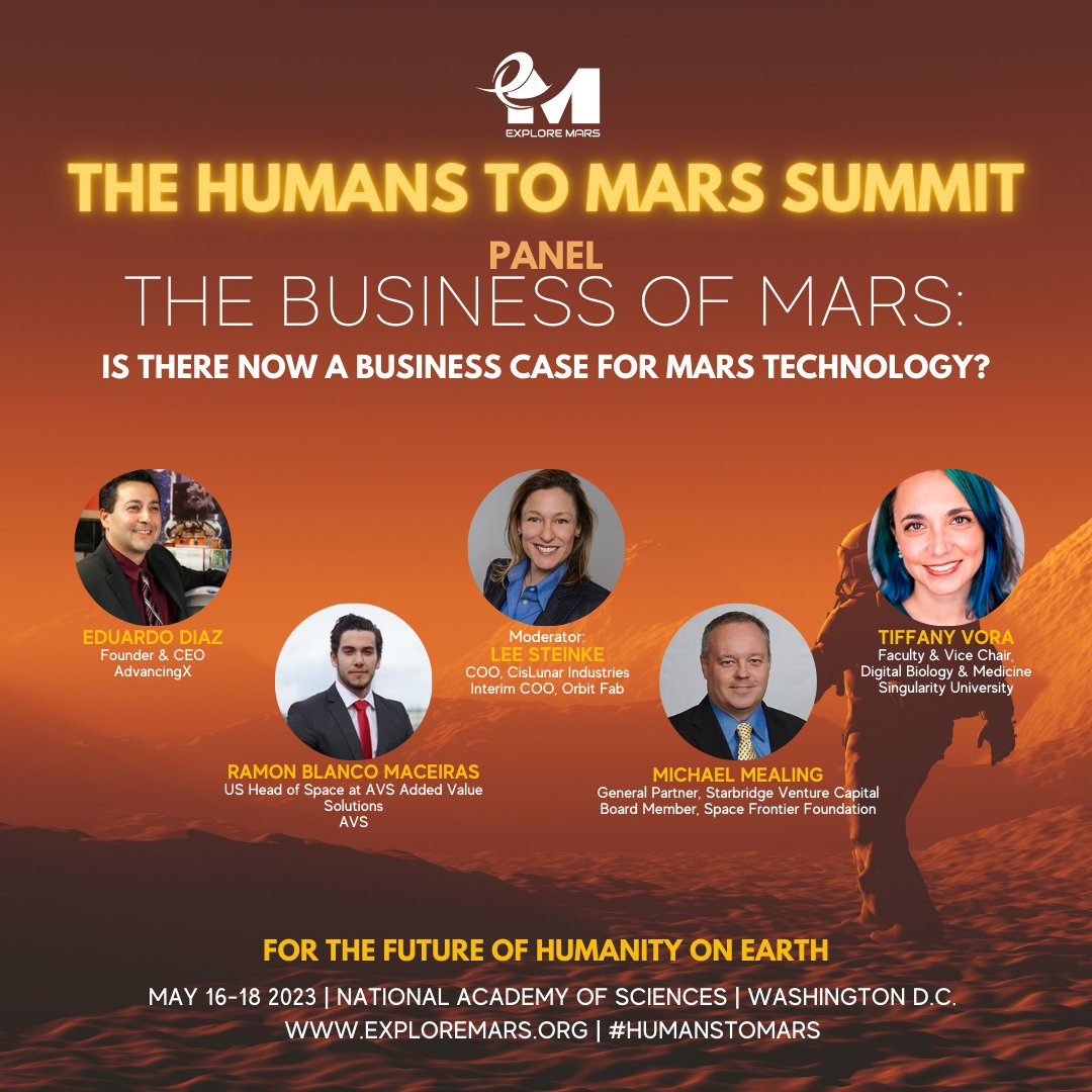 SpaceFrontier's tweet image. Join us at the #HumansToMars Summit in DC! Hosted by @ExploreMars, this event is packed with brilliant speakers &amp;amp; captivating topics!

Panelists include #SpaceFrontier's Board Member @mmealling who will be joined by other experts on "The Business of Mars"

eventbrite.com/e/the-2023-hum…