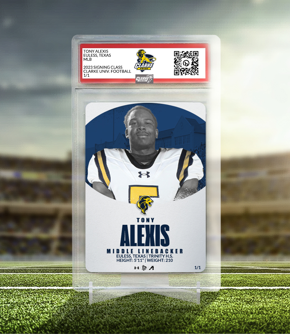 Tony Alexis
Middle Linebacker | 5-11 | 210
Euless, Texas | Trinity HS

Coach Hicks: "A hard-hitting inside linebacker that will fit easily into the linebacker room here at Clarke. Tony has a nose for the ball, something that you love to see out of a linebacker."

#ClarkePride