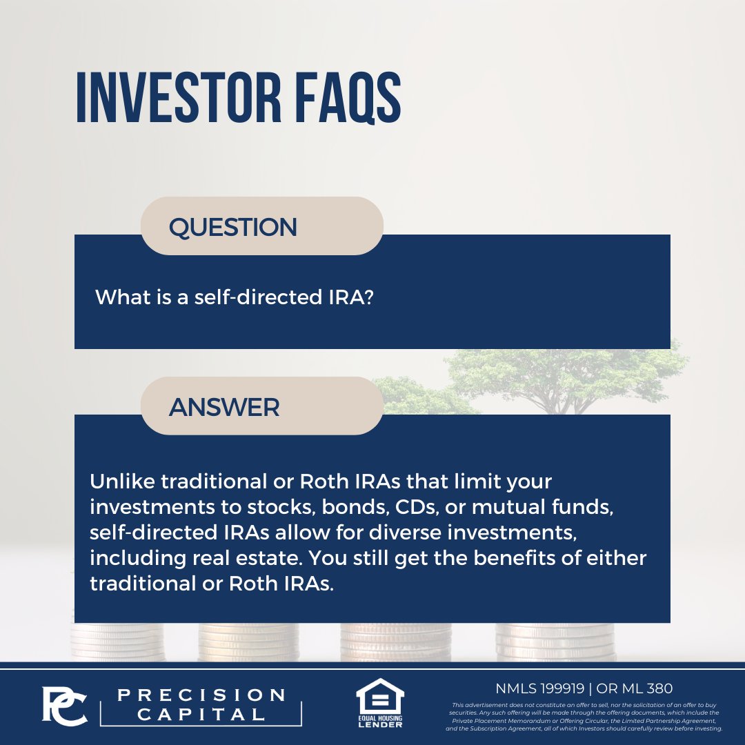 Investor FAQs 🤔
🧐 Q: What is a #selfdirectedIRA?
Have more questions? Check out FAQ page or contact us!
Learn More:
📲 conta.cc/3KcGY6M
📞 (541) 485-2223
👉NMLS 199919
👉OML 380
👉Equal Housing Lender
#oregoninvestors #investment #realestateinvestor