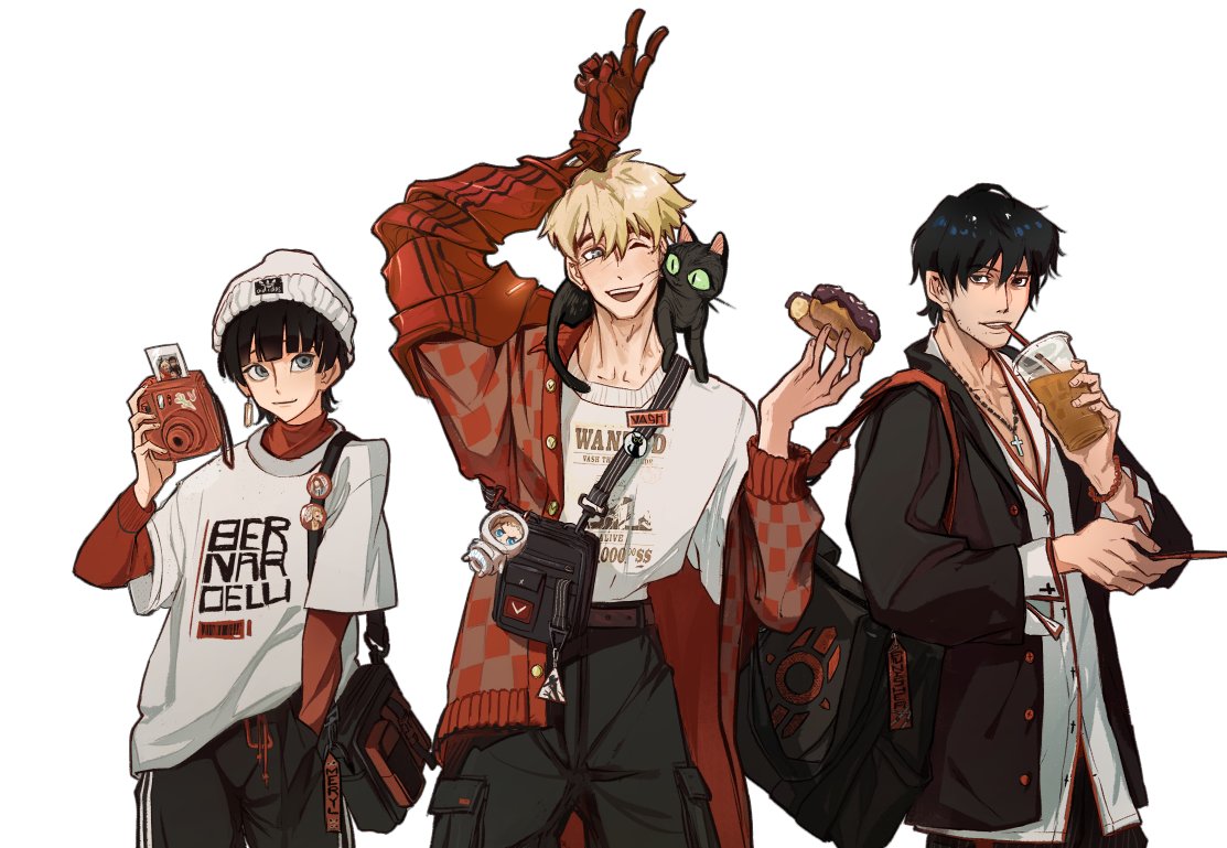 multiple boys holding bag phone black hair headphones around neck shirt  illustration images