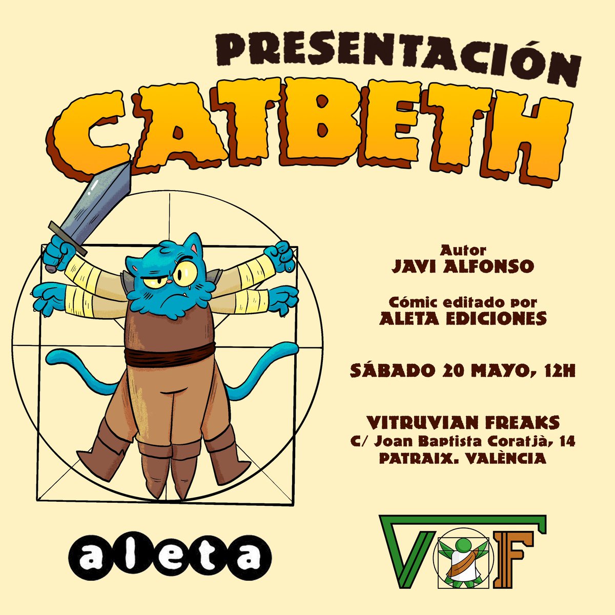 ¡Humanos, felinos y demás seres que habitan las tierras de #Patraix! Os esperamos el próximo sábado 20 de mayo a las 12h en <a href="/vitruvianfreaks/">Burzum</a> para la presentación y firma de ejemplares del cómic #catbeth, editado por <a href="/aletaediciones/">Aleta Ediciones</a>. ¡Será maravilloso veros por allí! 😻