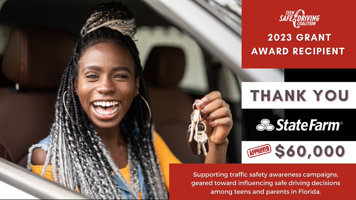 FL Teen Safe Driving (@flteensafedrive) on Twitter photo 📣 The Florida Teen Safe Driving Coalition is the proud recipient of a $60,000 traffic safety grant for 2023 from <a href="/StateFarm/">State Farm</a>! 🎉Please join us in giving a HUGE THANK YOU to State Farm, for continuing to support Teen Traffic Safety education in #Florida. 🙌 📣 The Florida Teen Safe Driving Coalition is the proud recipient of a $60,000 traffic safety grant for 2023 from <a href="/StateFarm/">State Farm</a>! 🎉Please join us in giving a HUGE THANK YOU to State Farm, for continuing to support Teen Traffic Safety education in #Florida. 🙌