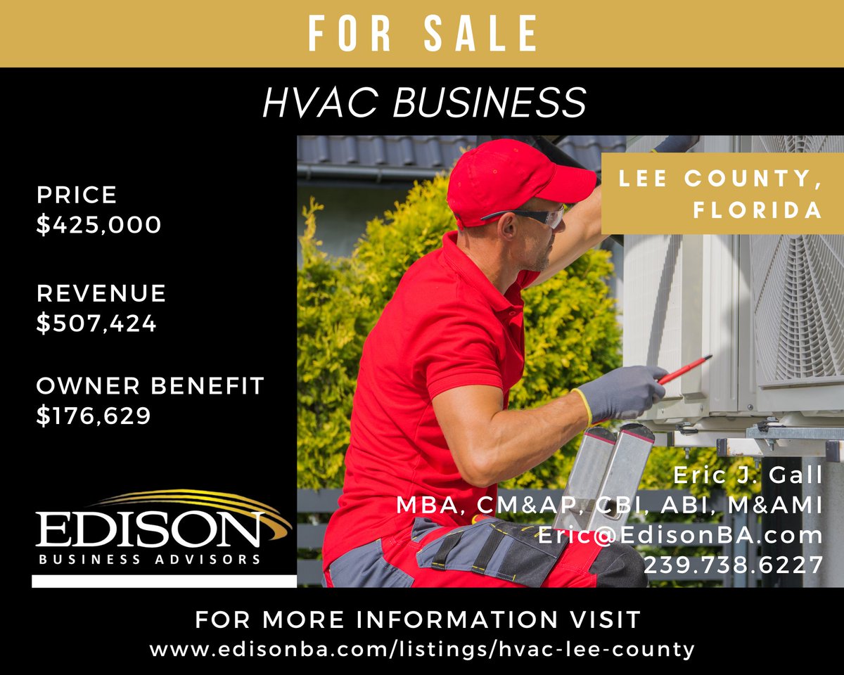 NEW LISTING: HVAC Business in Southwest Florida. Contact me at 239.738.6227 or Eric@EdisonBA.com to learn more. #hvac #businessforsale #businessesforsale #buybusiness #airconditioningcontractor #hvaccontractors