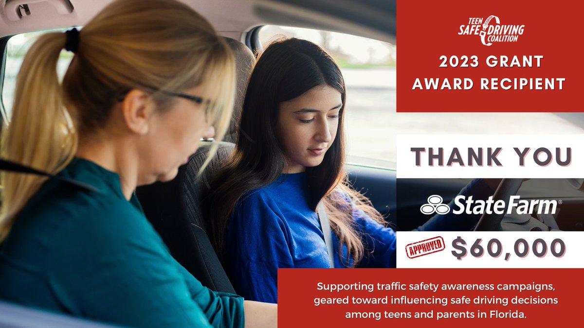 FL Teen Safe Driving (@flteensafedrive) on Twitter photo 👏 We want to give a huge shoutout to <a href="/StateFarm/">State Farm</a> for their $60,000 grant to support traffic safety education in our state. 🙌 Thank you, State Farm, for investing in our community's safety and well-being! Let's all work together to promote safe driving and prevent teen crashes. 👏 We want to give a huge shoutout to <a href="/StateFarm/">State Farm</a> for their $60,000 grant to support traffic safety education in our state. 🙌 Thank you, State Farm, for investing in our community's safety and well-being! Let's all work together to promote safe driving and prevent teen crashes.