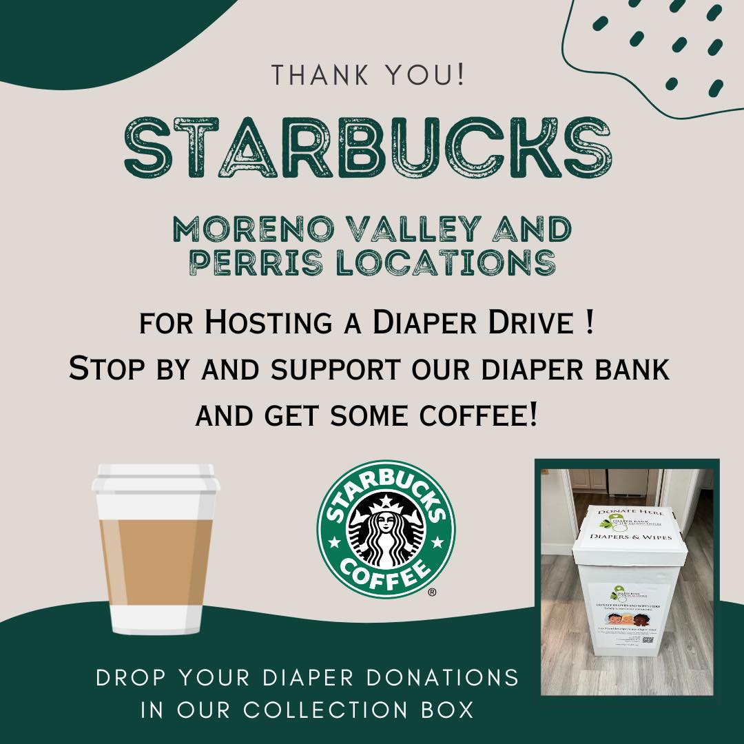 JLRiverside's tweet photo. Thank you @Starbucks Moreno Valley and Perris locations, for Hosting a Diaper Drive! Be sure to stop by and donate to our Diaper Bank and get yourself some delicious coffee! Healthy babies and Coffee, what could be better?! https://t.co/l4ovd6wACq