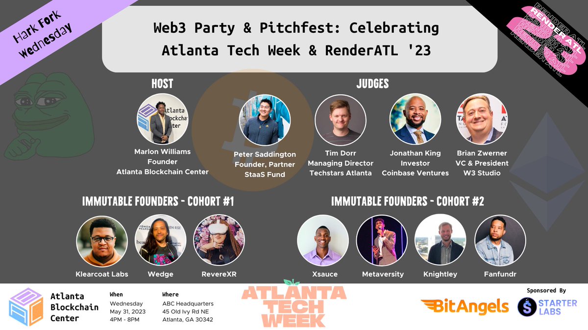 AtlantaChain's tweet photo. Web3 Party & @BitAngels Pitchfest

Join us as we celebrate the inaugural launch of #ATLTechWeek @RenderATL with pitches from members of @AtlantaChain's #ImmutableFounders incubator program

5/31 4-8PM

RSVP: https://t.co/nIiuPC4stV
