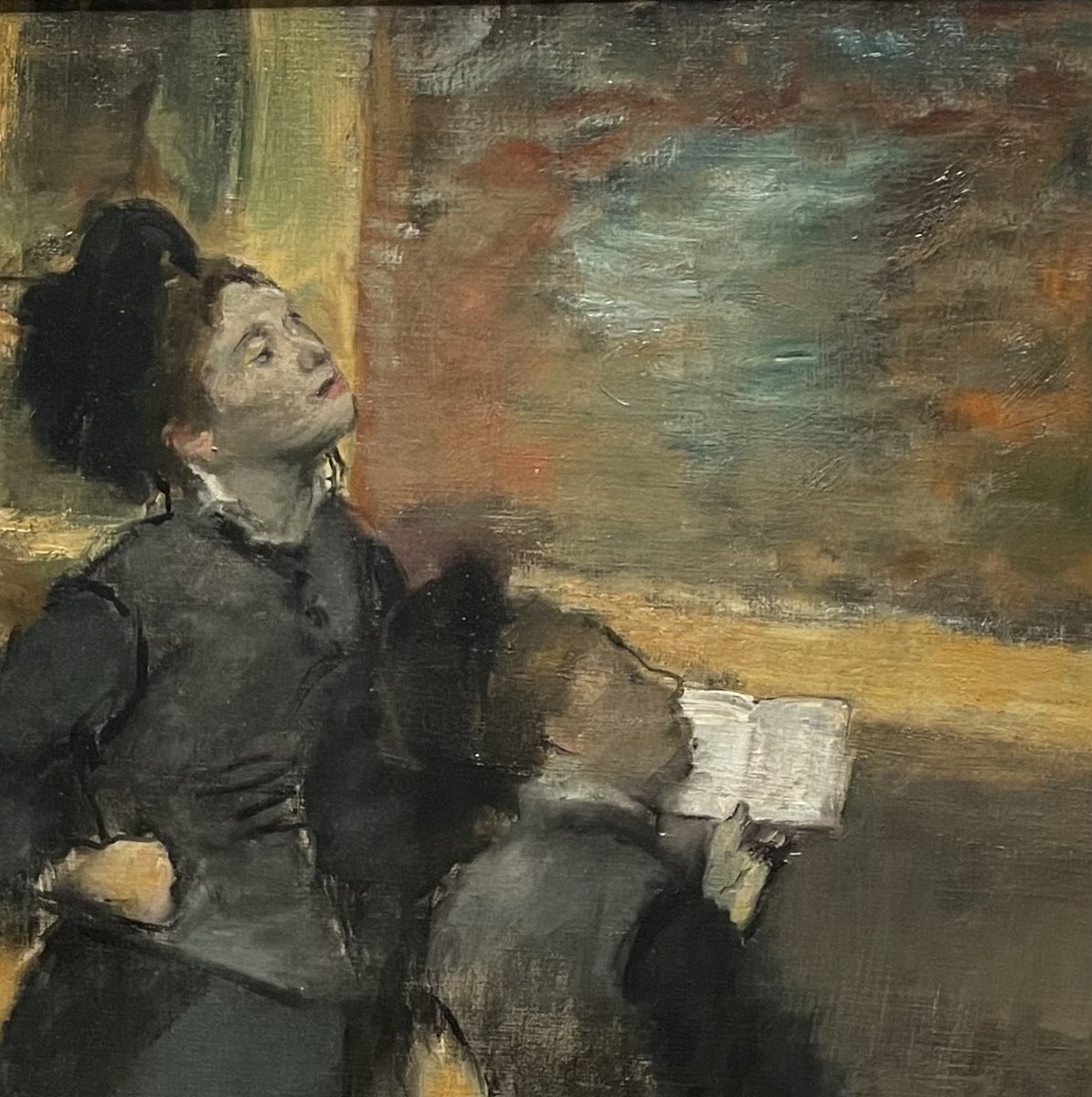 Edgar Degas produced a series of paintings with the theme of women in museum galleries in which friend American painter Mary Cassatt was his model. Edgar Degas, French 1834-1917 Visit to a Museum 1879-90 #mfaBoston #edgardegas #marycassatt #louvre #oiloncanvas #fineart #Boston