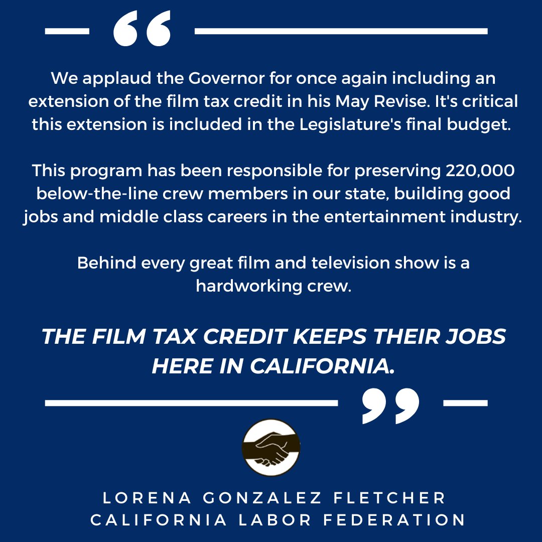 It's #MayRevise Day and we're glad to see @CAGovernor include the extension of the film tax credit. We look forward to #CALeg making it official in the final #CABudget.

Let's keep good union jobs in California! @IATSE @Liuna724 @Teamsters_399 #DGA