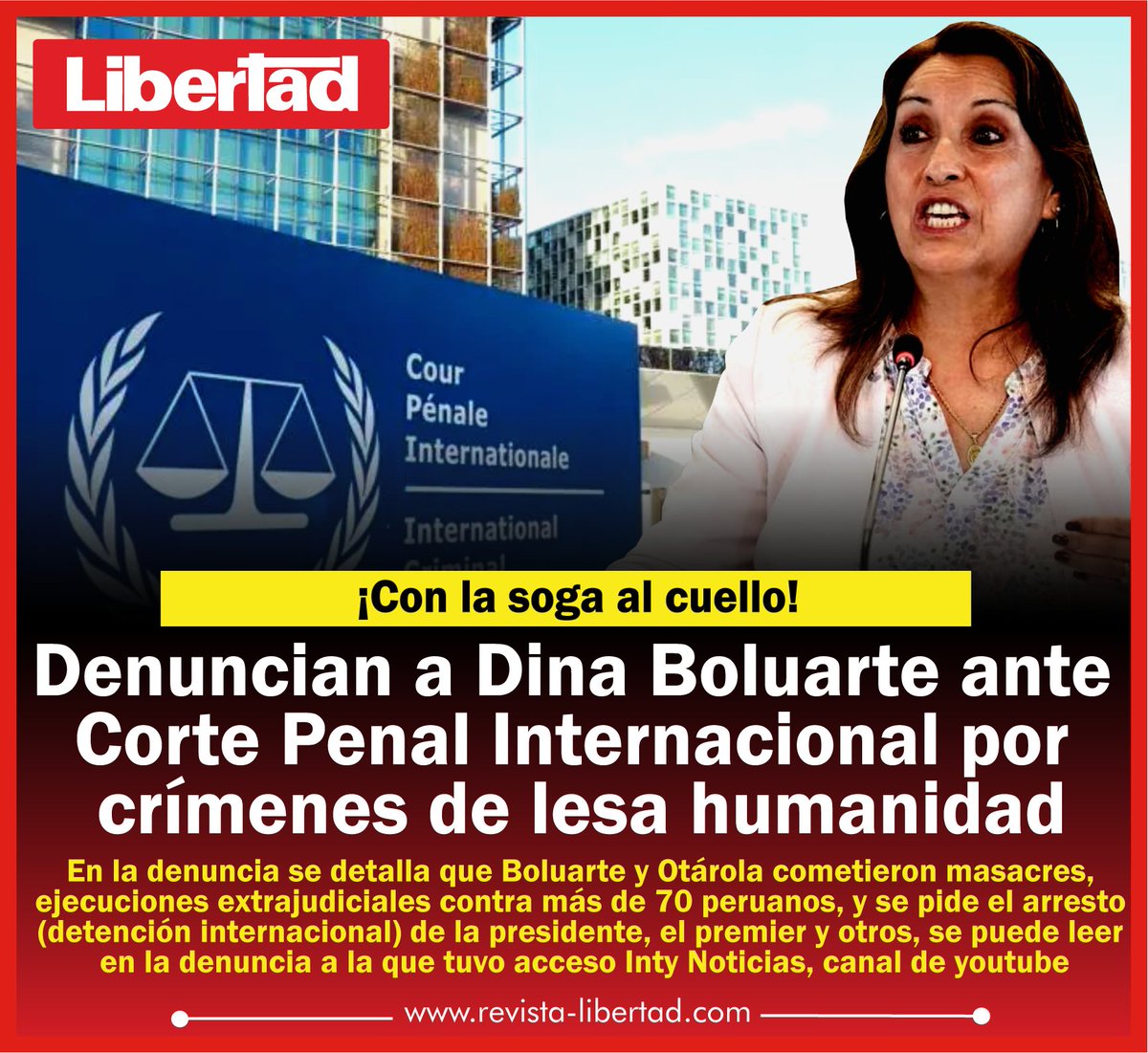LibertadRevista's tweet photo. 𝐃𝐞𝐧𝐮𝐧𝐜𝐢𝐚𝐧 𝐚 𝐃𝐢𝐧𝐚 𝐁𝐨𝐥𝐮𝐚𝐫𝐭𝐞 𝐚𝐧𝐭𝐞 𝐂𝐨𝐫𝐭𝐞 𝐏𝐞𝐧𝐚𝐥 𝐈𝐧𝐭𝐞𝐫𝐧𝐚𝐜𝐢𝐨𝐧𝐚𝐥 𝐩𝐨𝐫 𝐜𝐫𝐢́𝐦𝐞𝐧𝐞𝐬 𝐝𝐞 𝐥𝐞𝐬𝐚 𝐡𝐮𝐦𝐚𝐧𝐢𝐝𝐚𝐝
📷📷𝑳𝒆𝒆𝒓 ��𝒂́𝒔:  https://t.co/0ju95OhLW3 https://t.co/vJX2OBMWAw