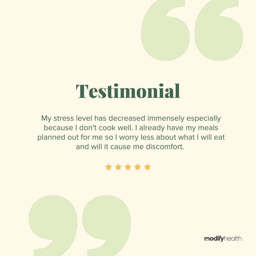 A customer success story 🤩 Our goal is to relieve stress and worry surrounding meals, and provide you with easy-to-prepare, tasty options everyday! 

 #modifyhealth #mealdelivery #fiber #ibs #ibsproblems #healthyeating #feelbetter #guthealth #celiac #glutenfree #lowfodmap