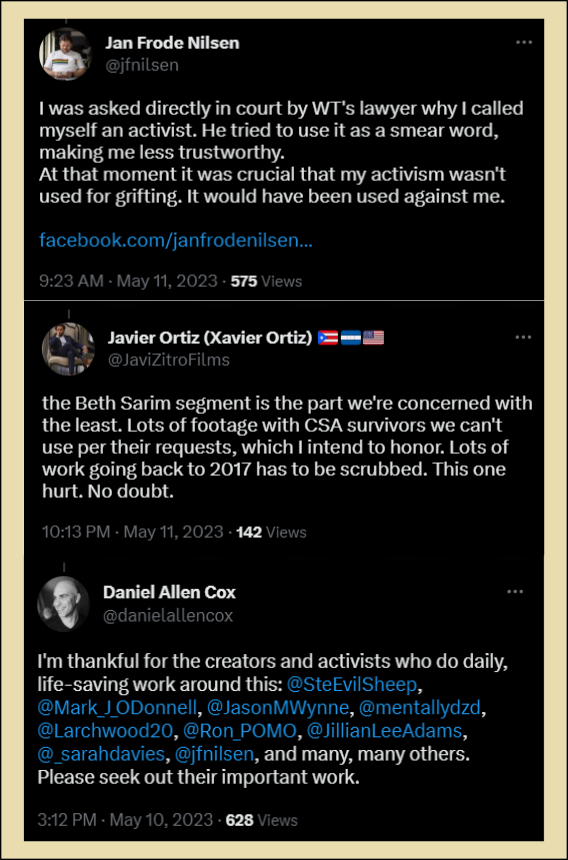 3 #EXJW tweets that just lifted my spirits over 2 days last week. Hats off to the activist, filmmaker and writer for displaying a much needed abundance of honesty, honour and humility.
<a href="/jfnilsen/">Jan Frode Nilsen</a> 
@JaviZitroFilms 
<a href="/danielallencox/">Daniel Allen Cox</a>