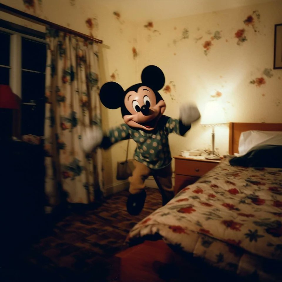 CypheurX's tweet photo. Your Childhood Home Haunted by a Silent Mickey Mouse Pursuit. #MickeyMouse #midjourney #AI https://t.co/X5boMzdJkN