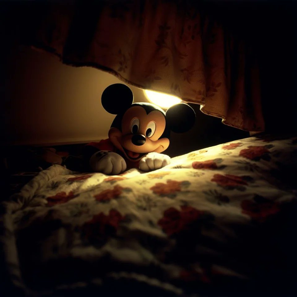 CypheurX's tweet photo. Your Childhood Home Haunted by a Silent Mickey Mouse Pursuit. #MickeyMouse #midjourney #AI https://t.co/X5boMzdJkN