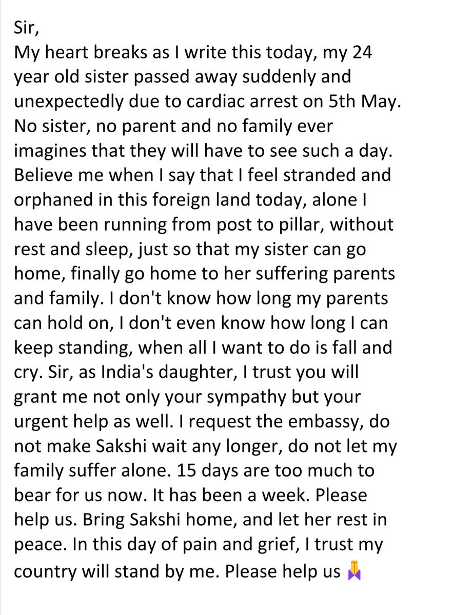 Tanu_shree_19's tweet photo. @narendramodi @EOIBeijing My sister studying in china passed away on 5 May, her body was handed over to the embassy yesterday, documentation took 7 days and travel will take 8 more days. As India's daughter, Sakshi deserves a dignified and urgent passage home. Please help us🙏 https://t.co/vLFe7fhQw9