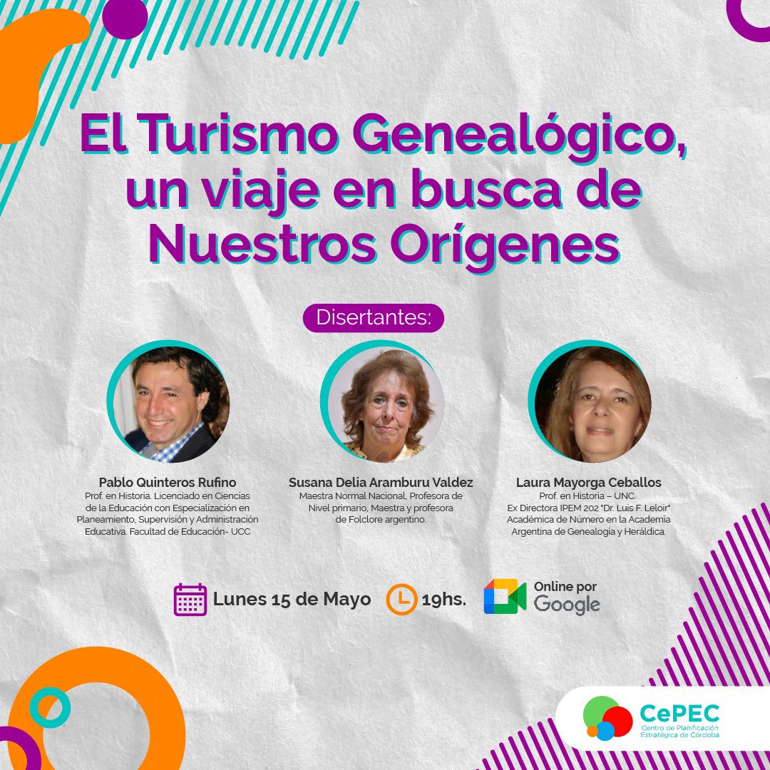 Te invitamos a un nuevo conversatorio: "El Turismo Genealógico, un viaje en busca de nuestros orígenes" junto a Pablo Quinteros Rufino, Susana Delia Aramburu Valdez y Laura Mayorga Ceballos.
🗓️ Lunes 15 de Mayo
⏰ 19hs.

👉 Pedinos el link de Meet por privado.

¡Te esperamos!