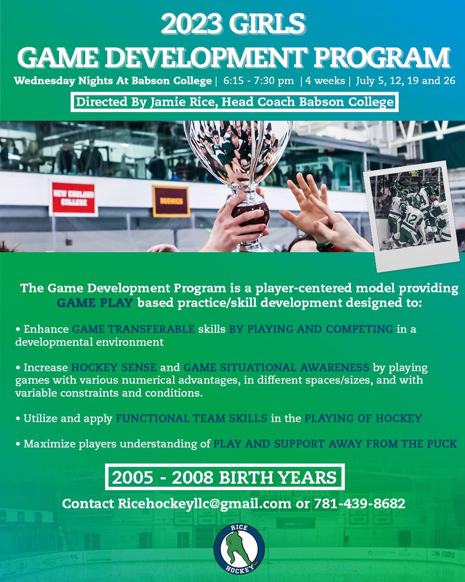 RiceHockeyLLC's tweet photo. Girls Prep/HS Game Development Program

At Babson College

Wednesday evenings, July 2023

Limited to 30 https://t.co/wGycClRnzh