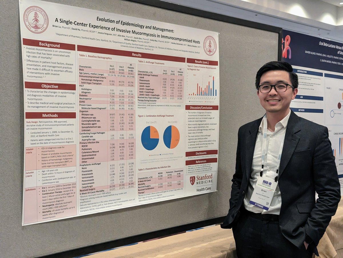 Proud of Brian Lu (<a href="/bluPharmD/">Brian Lu</a>) our PGY2 ID resident on presenting his poster at #MADID2023 on invasive mucormycosis! <a href="/Willeeuhmm/">Will A</a> <a href="/Marisa_Holubar/">Marisa Holubar</a> <a href="/StanDeresinski/">Stan Deresinski</a> <a href="/jessicawithID/">Jessica Ferguson</a> @Pharm_Bean <a href="/EmilyMui/">Emily Mui</a>