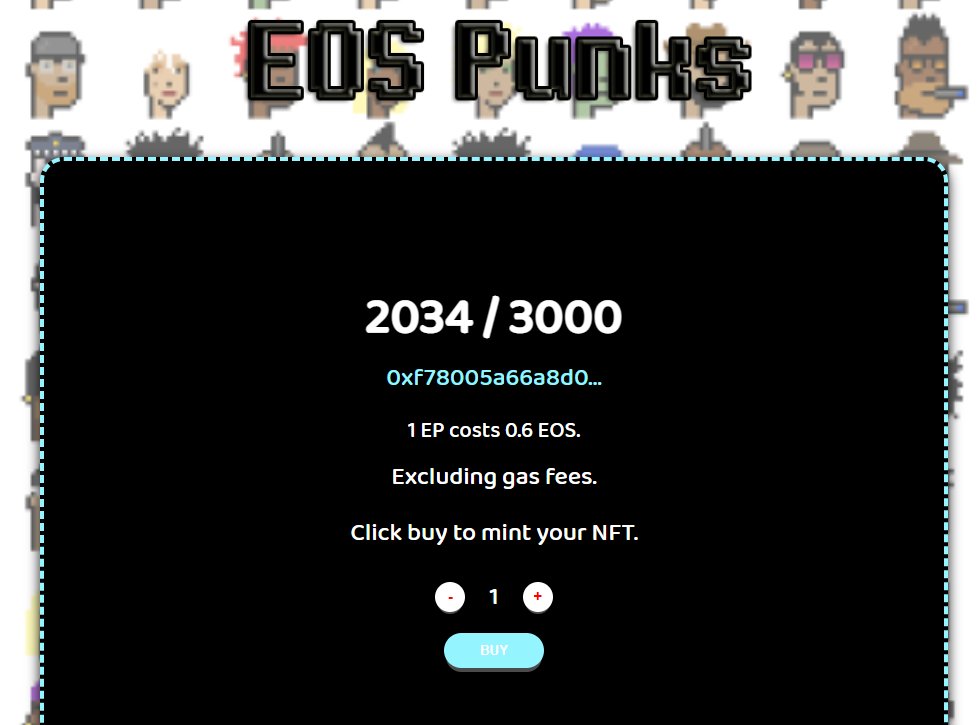 Sigh! Another scam project, @PunksOnEOS 
If you minted an #EOS punk bcos of my tweets, I apologize.

People starting calling them out and now they've decreased max supply from 7777 to 3000. they're looking to cash out.

2034 minted so far. please do not mint again.