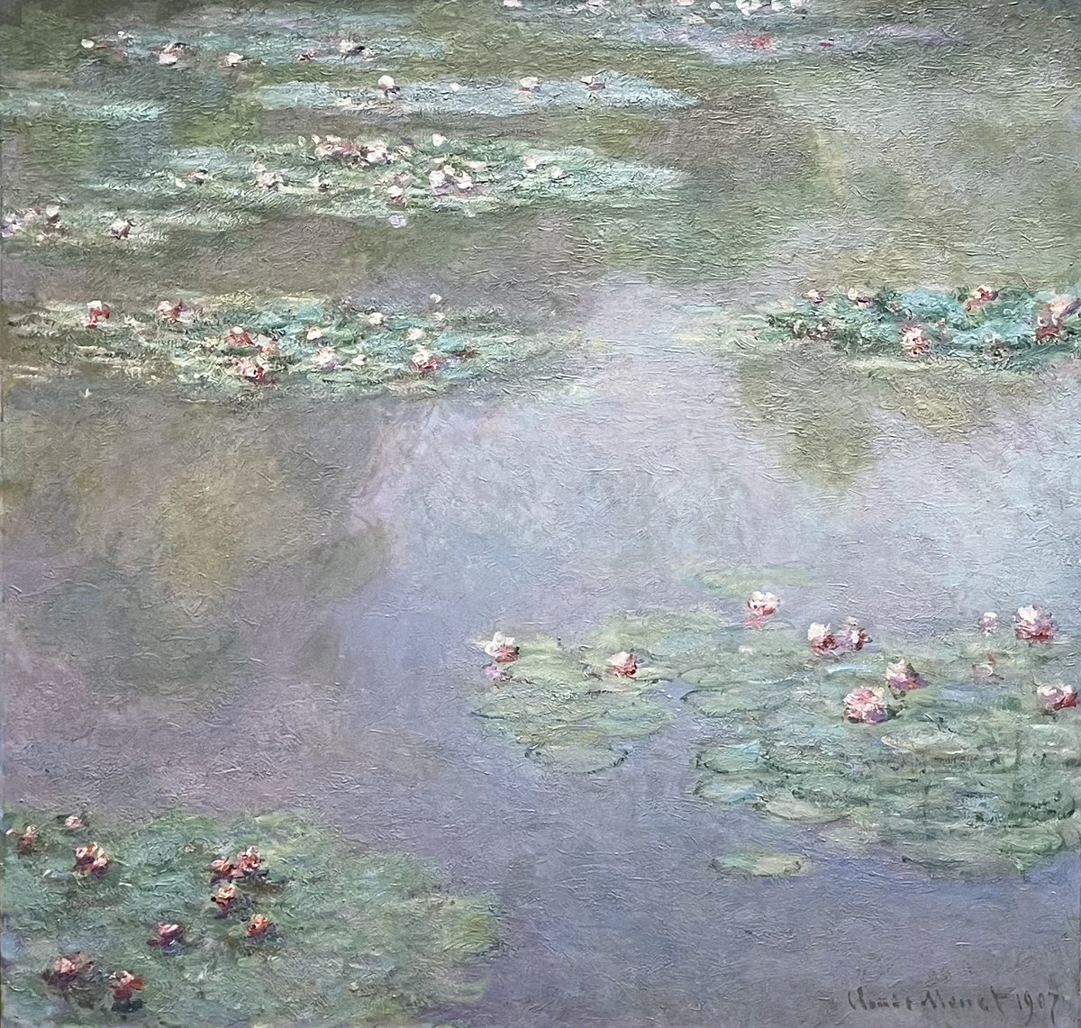TheBostonConno1's tweet photo. Inspired by Japanese prints Monet embarked on a series of 48 water landscapes with lily pads and reflections of the surrounding trees and sky. Claude Monet, Water Lilies 1907 #mfaBoston #claudemonet #waterlilies #oiloncanvas #landscapes #Boston https://t.co/yjV3RWUzfZ