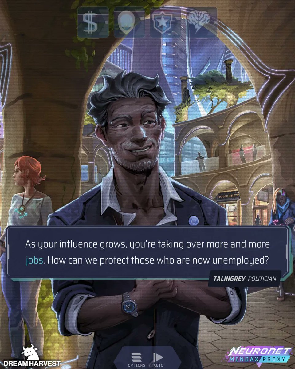 Dream_Harvest's tweet image. How will #Ai impact employment? In #NeuroNetMendaxProxy, the choice is yours. How will you guide the #Cyberpunk city of Catena as it steps into a new computer-assisted age that threatens to widen the gap between social groups?  #VisualNovel #IndieGame