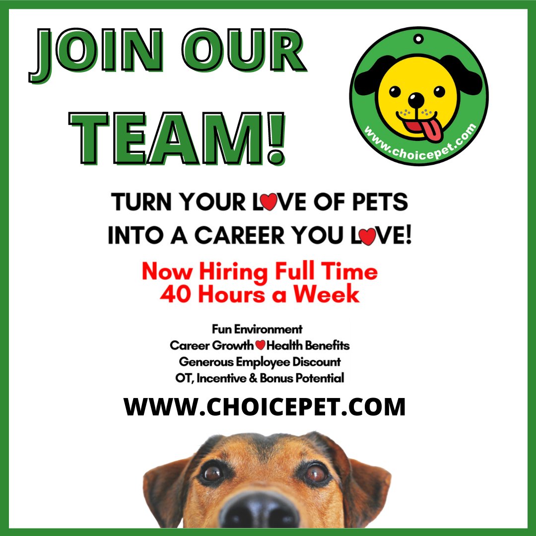 At Choice Pet we aim to be the community’s trusted source of knowledge, inspiration and choice!💚If you love animals and are interested in finding out how good you can be in one of America’s fastest growing and progressive industries, this job is for you! choicepet.com