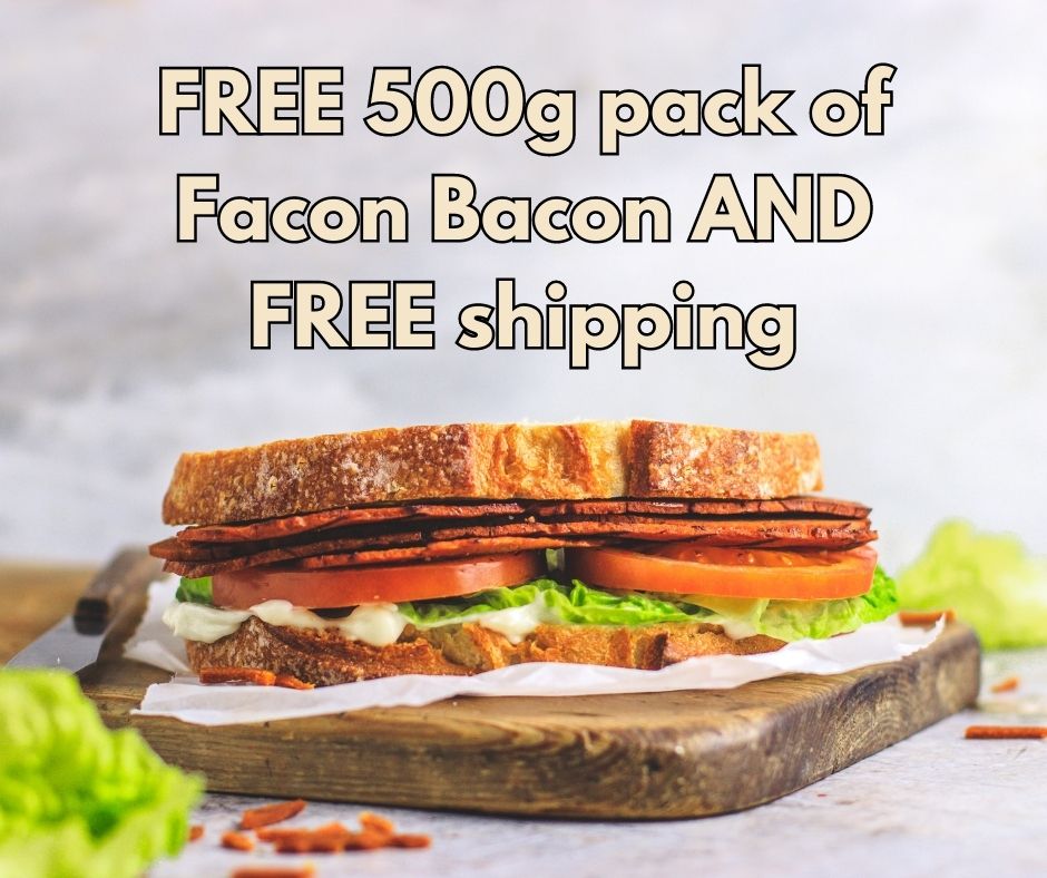 Attention all seitan lovers!😍

We have an exciting offer that you won't want to miss🥳

While stocks last, we're giving away 500g packs of our mouth-watering Facon Bacon for FREE with every order over £45❤️

Head to our website now and stock up on seitan today😎